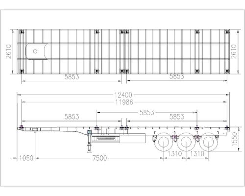 3 Achsen 60 - 80 Tonnen 20 - 45 Fuß flacher Behälter Halbanhänger mit maximaler Nutzlast 50000 kg