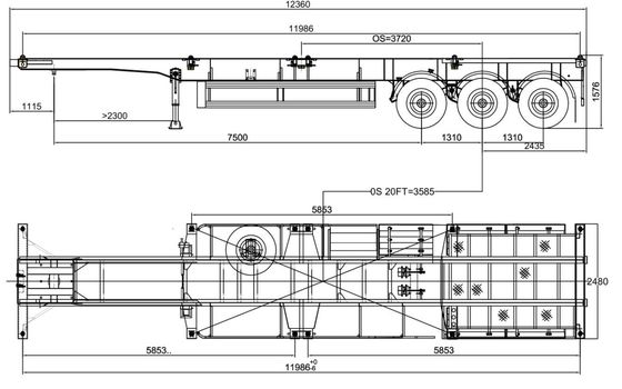 Q345B Hauptstrahl 3 Achsen 50 t Skelett Halbanhänger für 40 45 48 53FT Container Chassis
