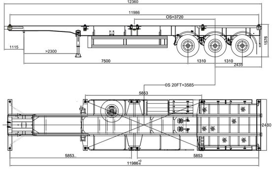 48ft Flatbed/Skeleton Terminal Port Container Schiffsanhänger Lkw mit Hauptstrahl Q345B